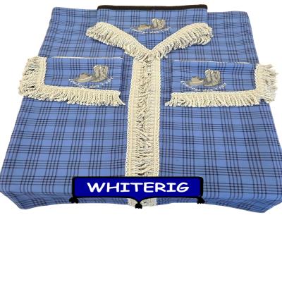 Blue tartan truck curtain set with “Cowboys Don’t Care” embroidery and silver-grey fringe trim. Includes 2 curtains, 2 tiebacks, and matching pelmet for a complete western-inspired cab upgrade. Whiterig Truck Curtains